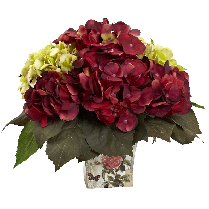 11" Green & Burgundy Hydrangea Arrangement in Floral Vase