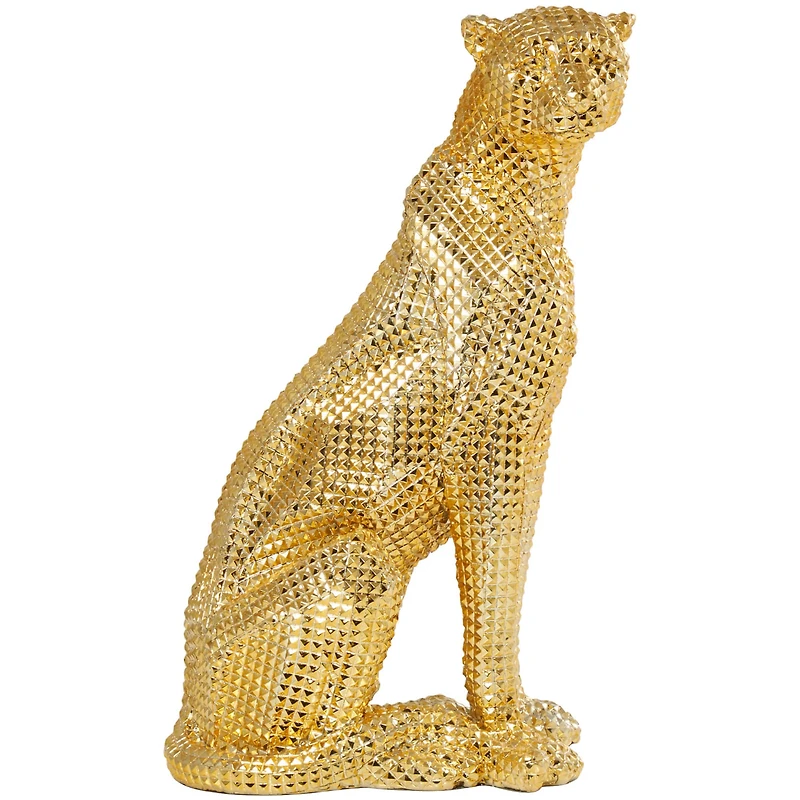 20.75" Golden Sitting Leopard Floor Sculpture with Diamond Faceted Texture