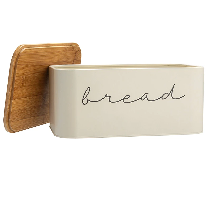 Hello Honey® 11.75" Cream Metal Bread Bin with Bamboo Lid