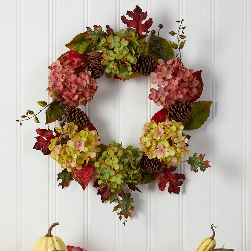 25" Hydrangea & Pinecones Fall Artificial Wreath