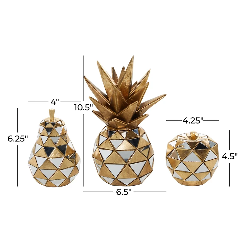 Set of 3 Gold Polystone Glam Fruit Sculpture, 4.5", 6.25", 10.5"