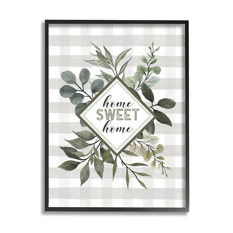 Stupell Industries Home Sweet Home Phrase Green Botanicals Plaid Pattern Framed Wall Art