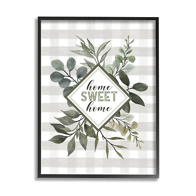 Stupell Industries Home Sweet Home Phrase Green Botanicals Plaid Pattern Framed Wall Art