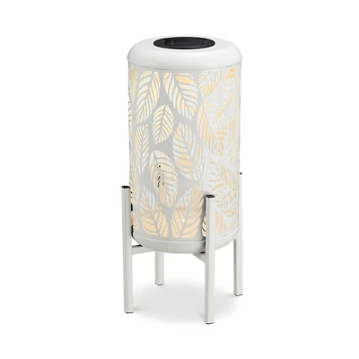 Glitzhome® 14.25" White Metal Cutout Leaves Pattern Solar Powered LED Outdoor Lantern
