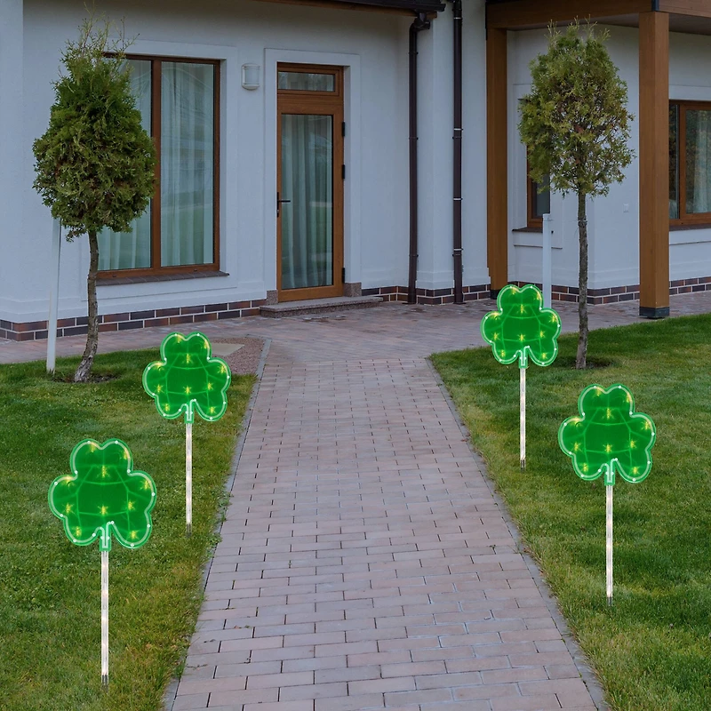 4ct Green St Patrick's Day Shamrock Pathway Marker Lawn Stakes Clear Lights