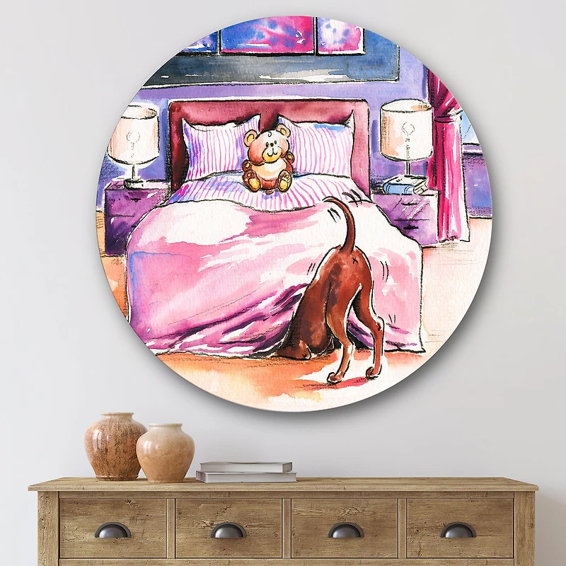 Designart - Brown Dog Looking Under the Bed - Farmhouse Metal Circle Wall Art