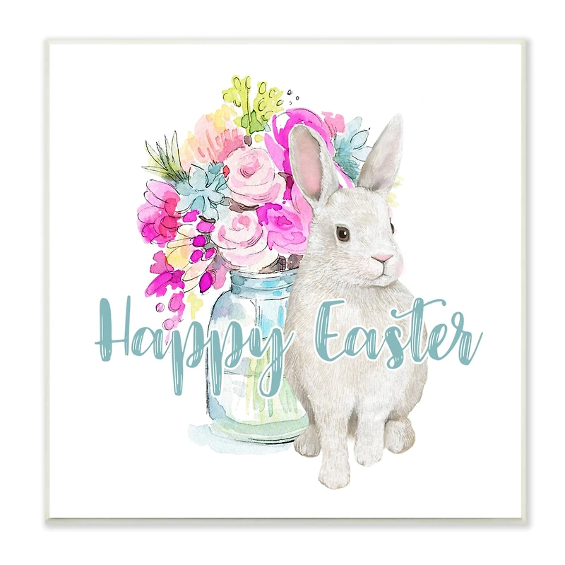 Stupell Industries Happy Easter Calligraphy Bunny Pink Flower Bouquet Wall Plaque Art