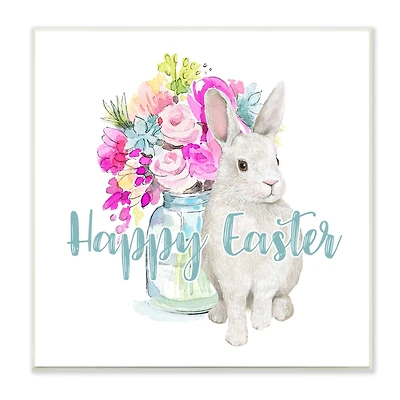 Stupell Industries Happy Easter Calligraphy Bunny Pink Flower Bouquet Wall Plaque Art