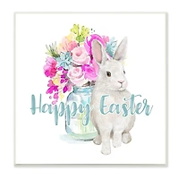Stupell Industries Happy Easter Calligraphy Bunny Pink Flower Bouquet Wall Plaque Art