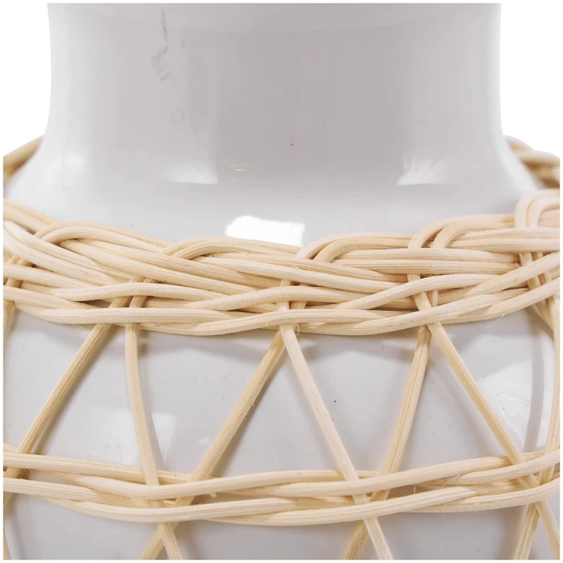 14" White Ceramic Vase with Woven Rattan Exterior