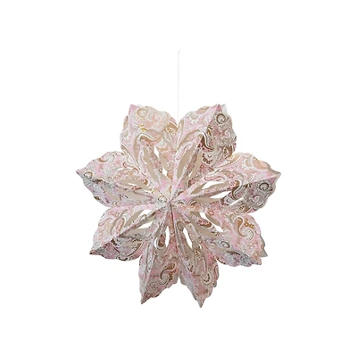 Hello Honey® 25" LED Pink, White & Gold Printed Paper Folding Snowflake Ornament with Paisley Pattern