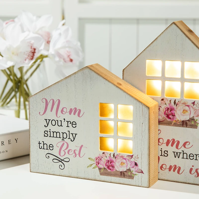 Glitzhome® Lighted Wood Mother's Day House Shaped Table Sign Set