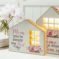 Glitzhome® Lighted Wood Mother's Day House Shaped Table Sign Set