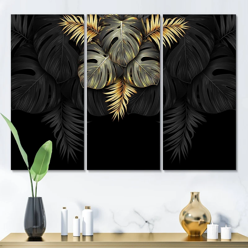 Designart - Black and Gold Tropical Leaves IV