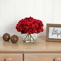 8.5" Red Hydrangea Arrangement in Glass Vase