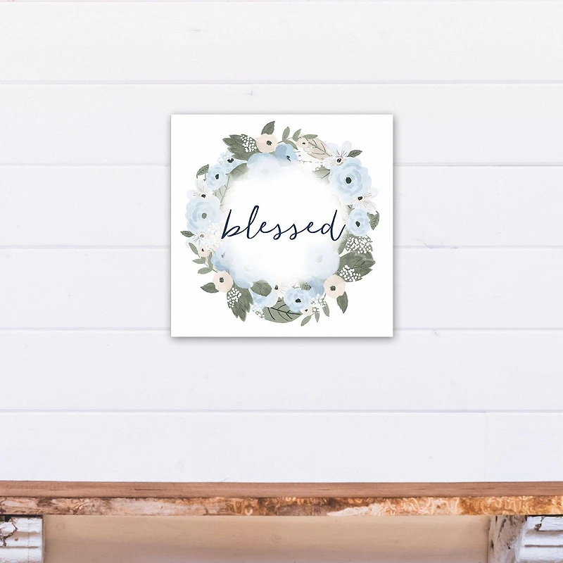 Blue Blessed Floral Wreath 16" x 16" Canvas Wall Art