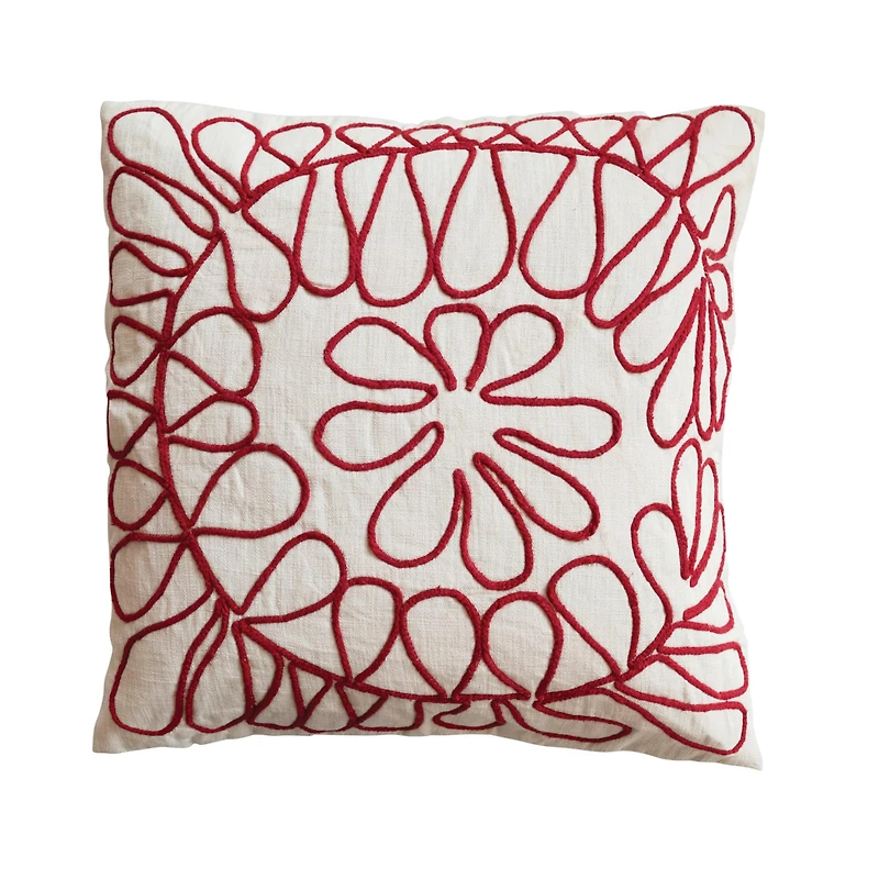 Hello Honey® 26" Cream & Red Embroidery Cotton Slub Pillow