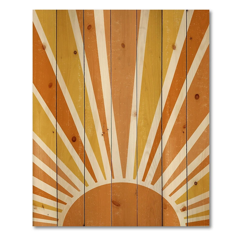 Designart - Minimalist Bright Shining Orange Sun Rays II - Modern Print on Natural Pine Wood