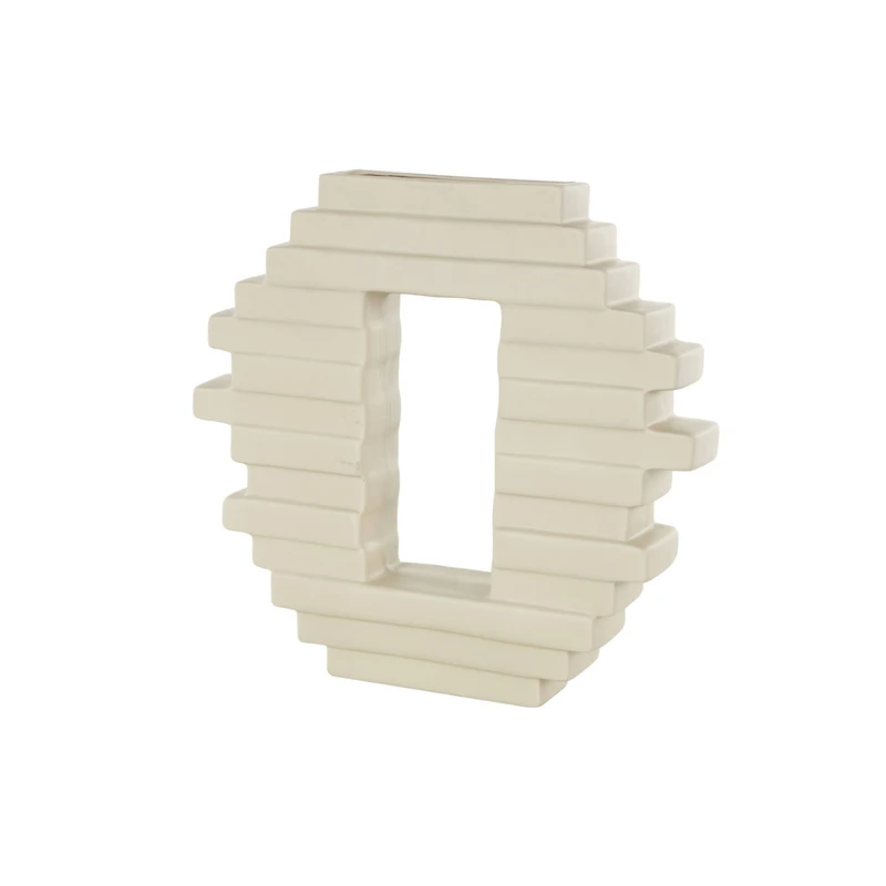 13" Cream Ceramic Abstract Decorative Vase with Rectangular Center Cutout