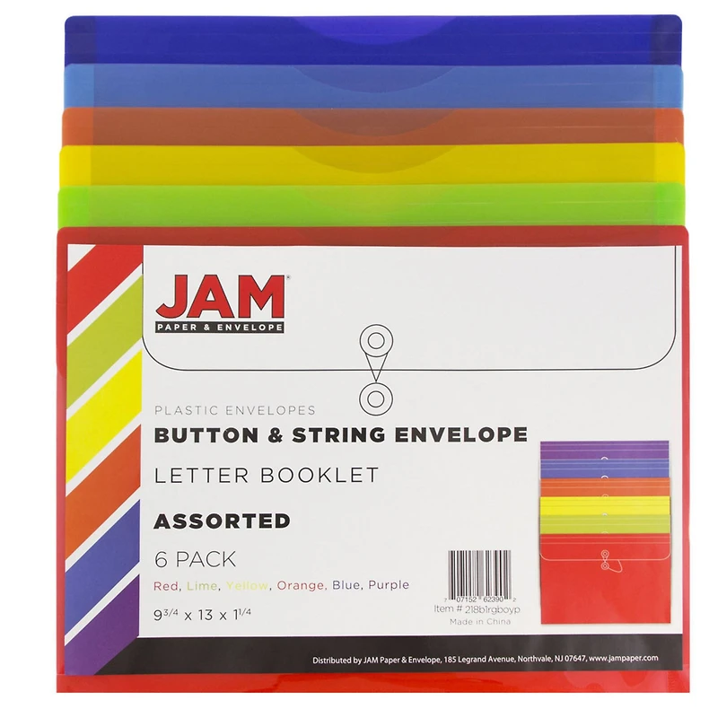 JAM Paper 9.75" x 13" Plastic Button & String Tie Closure Envelopes, 6ct.