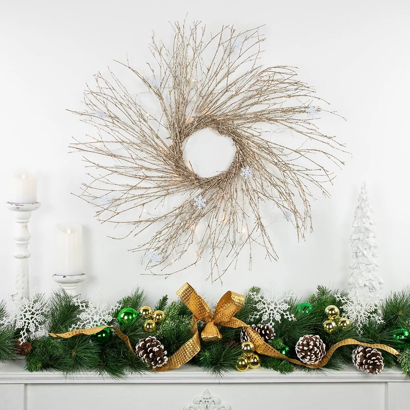 42" Pre-lit LED Champagne Gold Glittered Twig Artificial Christmas Wreath