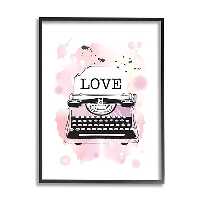 Stupell Industries Retro Pink Typewriter Love Text Paint Splash in Black Frame Wall Art