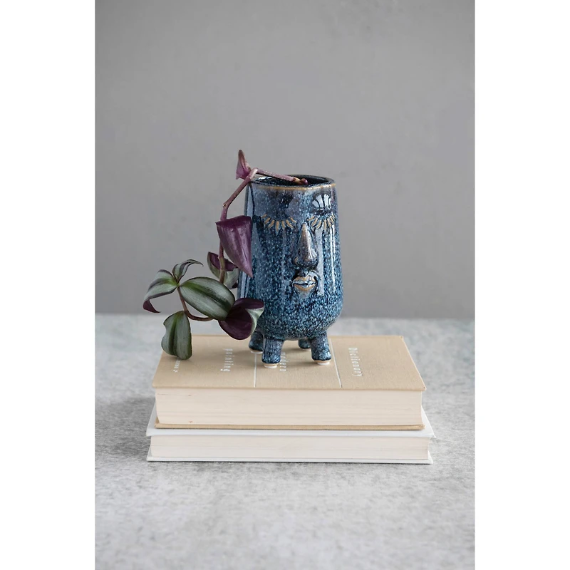 Hello Honey® 6" Blue Reactive Glaze Stoneware Planter with Face