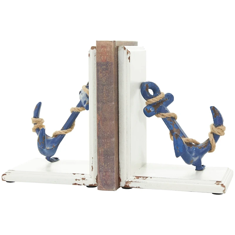 8" Blue Wood Anchor Distressed Bookends with Rope Accents & White Wood Stands Set