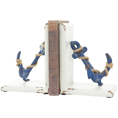8" Blue Wood Anchor Distressed Bookends with Rope Accents & White Wood Stands Set