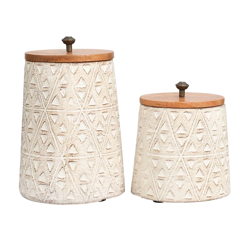 Cream Paper Mache Handmade Carved Triangle Tribal Canisters with Removable Lids Set