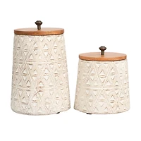 Cream Paper Mache Handmade Carved Triangle Tribal Canisters with Removable Lids Set