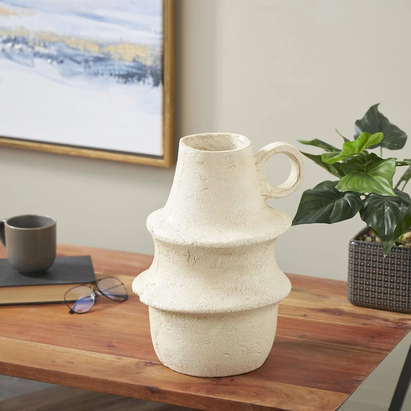 15.25" Cream Textured Paper Mache Fluted Vase with Ring Handle