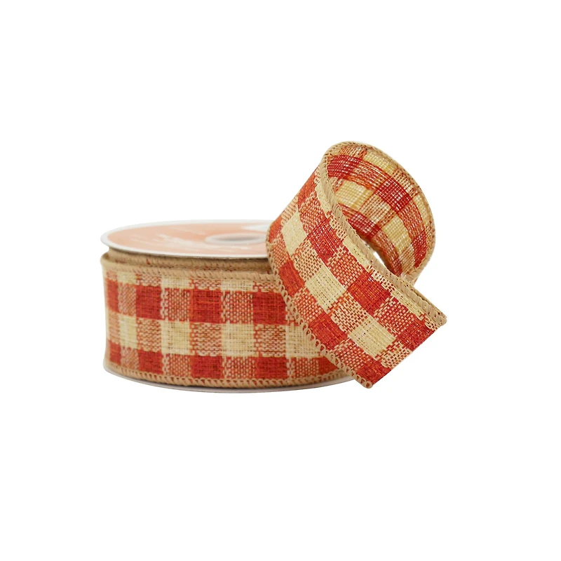 1.5" x 10yd. Orange Plaid Faux Linen Wired Ribbon by Celebrate It®