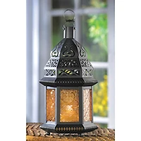 10" Black Moroccan Style Hanging Candle Lantern with Etched Yellow Glass