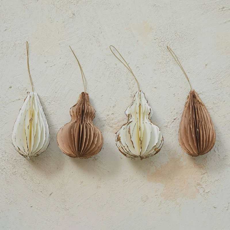 Hello Honey® 4.25" Cream & Gold Handmade Paper Folding Honeycomb Finial Ornament Set