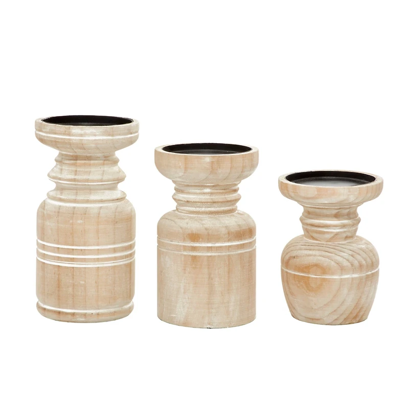 Brown Wood Natural Candle Holder Set