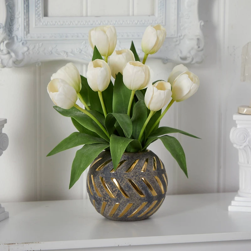 15" White Tulip Arrangement in Decorative Ceramic Vase