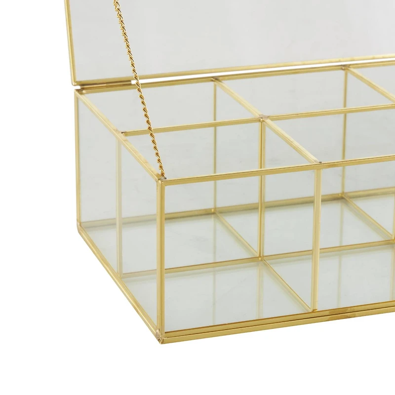 10" x 7" x 4" Clear & Gold 6-Slot Glass & Metal Jewelry Box with Chain Accent