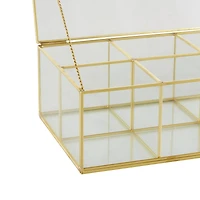 10" x 7" x 4" Clear & Gold 6-Slot Glass & Metal Jewelry Box with Chain Accent