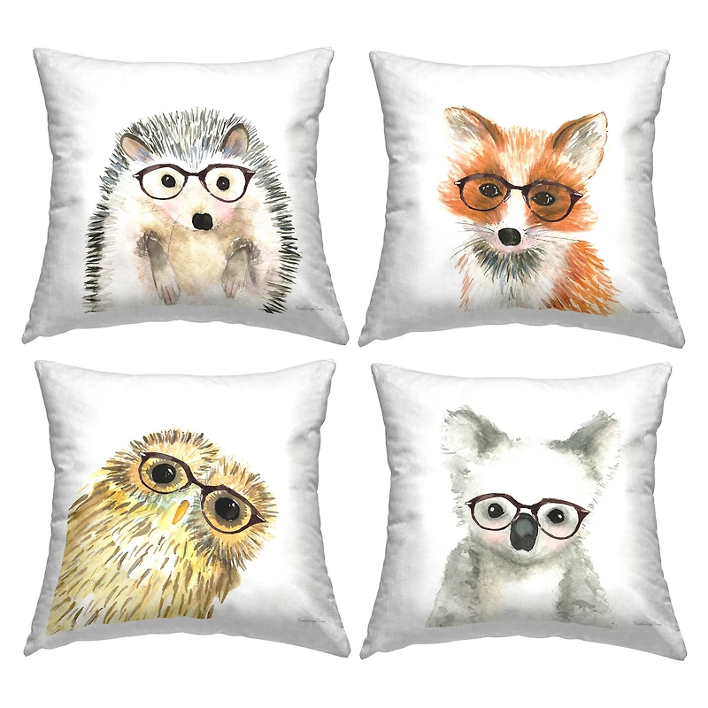 Stupell Industries Adorable Forest Animals Hipster Glasses Owl Fox 4 Pillows, Each 18" x 18"