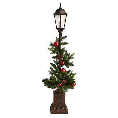 5ft. Pre-Lit LED Holiday Decorated Lamp Post With Greenery & Ornaments