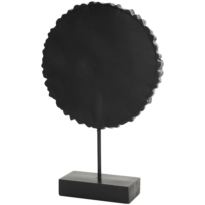 17" Brown Metal Tribal Carved Circular Sculpture with Black Stand & Wavy Edge