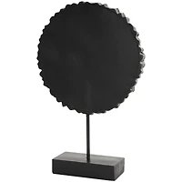 17" Brown Metal Tribal Carved Circular Sculpture with Black Stand & Wavy Edge