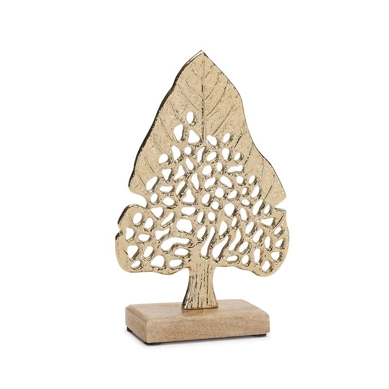 Gold Modern Metal Leaf Tree on Wood Base Set