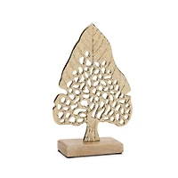 Gold Modern Metal Leaf Tree on Wood Base Set