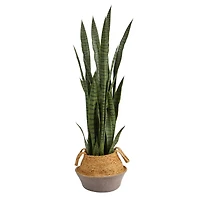 46" Sansevieria Artificial Plant in Boho Chic Handmade Cotton & Jute Gray Woven Planter