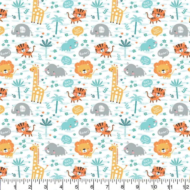 Eugene Textiles White Zoo Animals Flannel