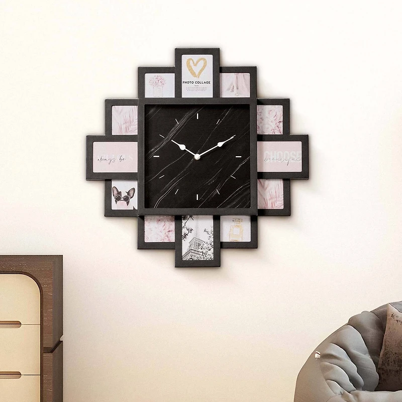 American Art Decor Picture Frame Collage Clock 12 Photo Display Slots Black, 20" x 20"