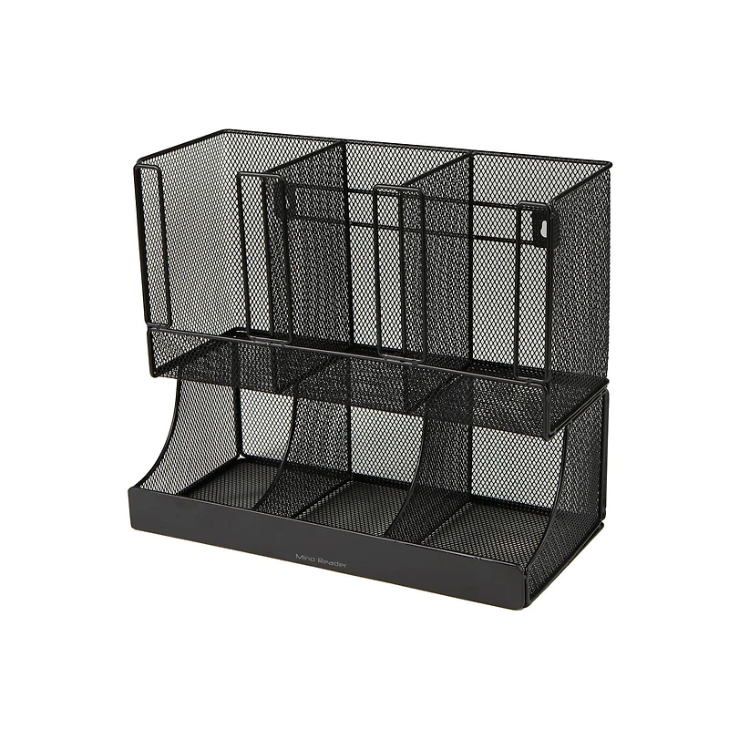 Mind Reader Black Metal Mesh 6 Compartment Upright Breakroom Coffee Condiment and Cup Storage Organizer