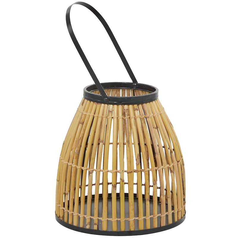 The Novogratz 15" Brown Wicker Handmade Slatted Frame Candle Lantern with Handle